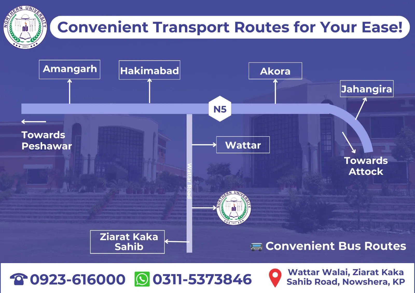 Designated bus routes for student and faculty pickup and drop-off at Northern University, Nowshera